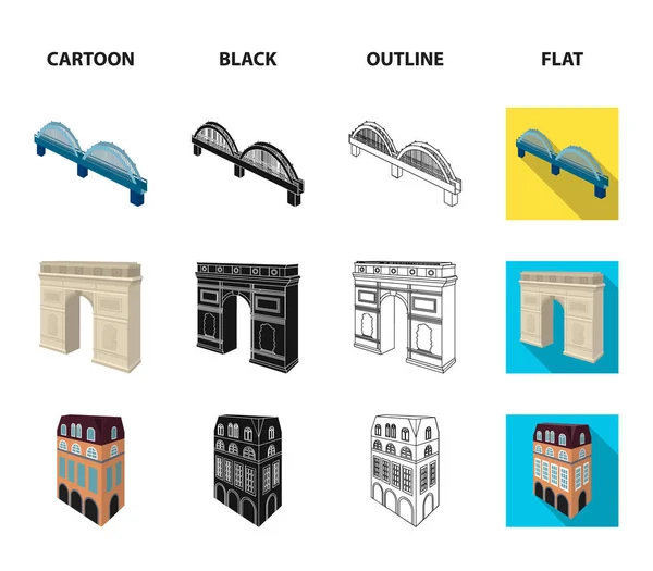 Arc de l'Etoile v Paříži, vyztužený most, kavárna, dům ve skandinávském stylu. Architektonické a stavební sada kolekce ikon v karikatuře, černý, obrys, ploché styl vektor symbol akcie — Stockový vektor