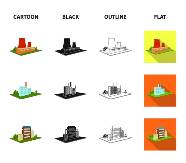 Fábrica de processamento, planta metalúrgica. Ícones de coleção de conjunto de fábrica e indústria em desenhos animados, preto, contorno, estilo plano isométrico vetor símbolo estoque ilustração web . — Vetor de Stock