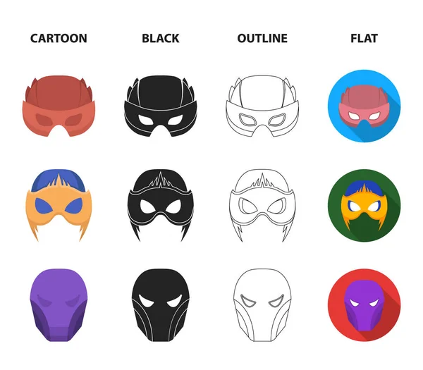 Casco, máscara en la cabeza.Máscara super héroe conjunto colección iconos en dibujos animados, negro, contorno, vector de estilo plano símbolo stock illustration web . — Archivo Imágenes Vectoriales