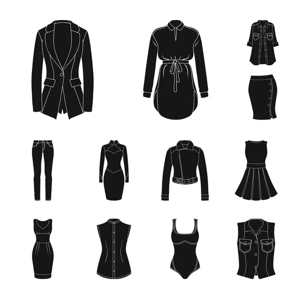 Γυναικεία ρούχα μαύρο εικόνες set συλλογής για το σχεδιασμό. Ποικιλίες ρούχα και αξεσουάρ σύμβολο μετοχής web εικονογράφηση διάνυσμα. — Διανυσματικό Αρχείο