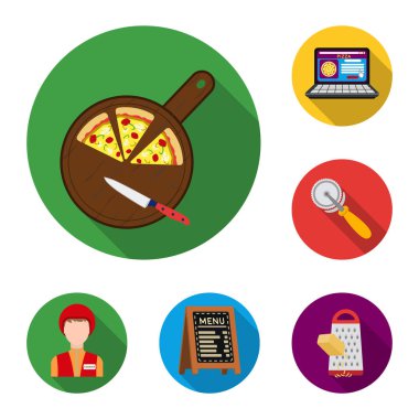 Pizza ve pizza düz simgeler set koleksiyonu tasarım için. Personel ve ekipman sembol stok web illüstrasyon vektör.