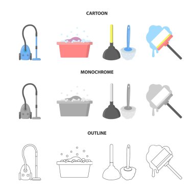 Temizlik ve hizmetçi çizgi film, anahat, set koleksiyonu tasarım için tek renkli simgeler. Vektör simge stok web illüstrasyon Temizleme için donatım.