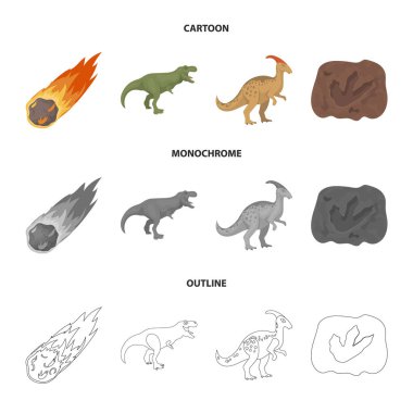 Düşen bir göktaşı, parasaurolophus, tyrannosaurus, bir dinozor ayak olan. Dinozor ve tarih öncesi dönem koleksiyonu Icons set çizgi film, anahat, tek renkli stil vektör simge stok