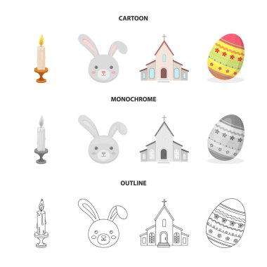 Kilise, mum, Paskalya tavşanı ve boyalı yumurta. Paskalya koleksiyonu Icons set çizgi film, anahat, tek renkli stil vektör simge stok çizim web.