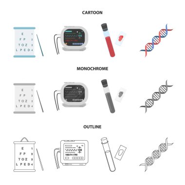 Görme testleri, kan testi, bir Dna kodu, bir EKG Cihazı tablosu. Tıp koleksiyonu Icons set çizgi film, anahat, tek renkli stil vektör simge stok çizim web.