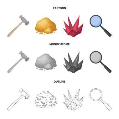 Bir kuyumcu çekiç, bir büyüteç, bakır cevheri, bir kristal. Değerli mineraller ve bir kuyumcu koleksiyonu Icons set çizgi film, anahat, tek renkli stil vektör simge stok çizim web.