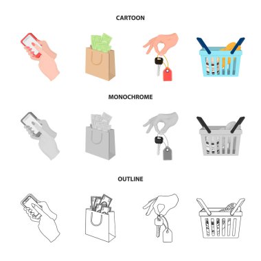Cep telefonu, para ile bir paket ve diğer web simgesi karikatür, anahat, tek renkli stil. elinde bir sepet ile gıda simgeler kümesi koleksiyonundaki bir anahtar.