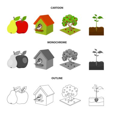 Bahçe, tarım, Doğa ve diğer web simgesi karikatür, anahat, tek renkli stil. Bitki, kök, kök, küme koleksiyon simgeler.