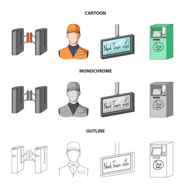 Mekanizma, elektrik, ulaşım ve diğer web simgesi karikatür, anahat, tek renkli stil. Pass, genel, ulaşım, küme koleksiyon simgeler.