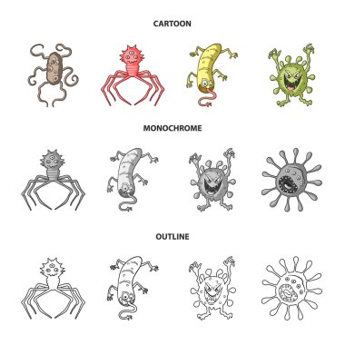 Mikrop ve virüs farklı türleri. Virüs ve bakteriler koleksiyonu Icons set çizgi film, anahat, tek renkli stil vektör simge stok çizim web.