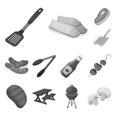 Barbekü ve ekipman tek renkli simgeler set koleksiyonu tasarım için. Piknik ve kızartmaları sembol stok web illüstrasyon vektör.