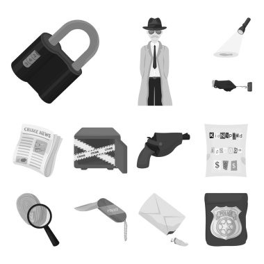 Dedektiflik Bürosu set koleksiyonu tasarım için tek renkli simgeler. Suç ve soruşturma sembol stok web illüstrasyon vektör.