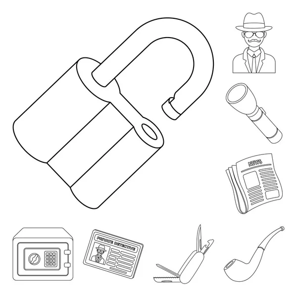 Detective y atributos esbozan iconos en la colección de conjuntos para design.Detective Agencia vector símbolo stock ilustración web . — Vector de stock