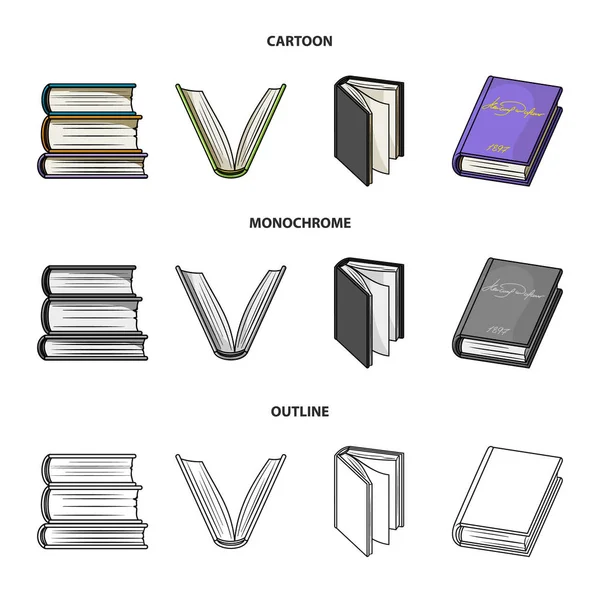 Verschiedene Arten von Büchern. Bücher setzen Sammlung Symbole in Cartoon, Umriss, monochromen Stil Vektor Symbol Stock Illustration Web. — Stockvektor