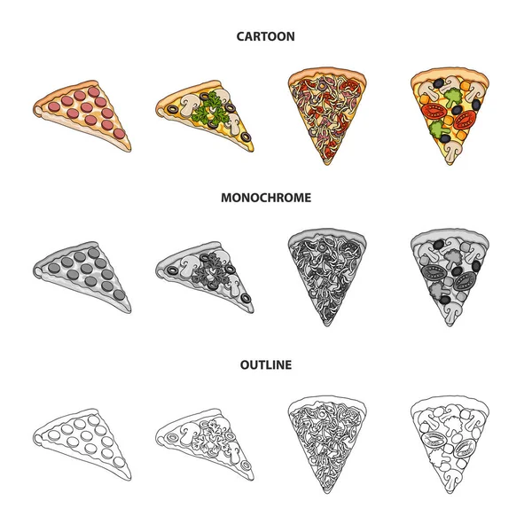 Ένα κομμάτι πίτσα με διαφορετικά συστατικά. Πίτσα διαφορετική συλλογή εικόνες που σε σκίτσο, περίγραμμα, μονόχρωμη στυλ διάνυσμα σύμβολο απόθεμα ενδεικτικά web. — Διανυσματικό Αρχείο