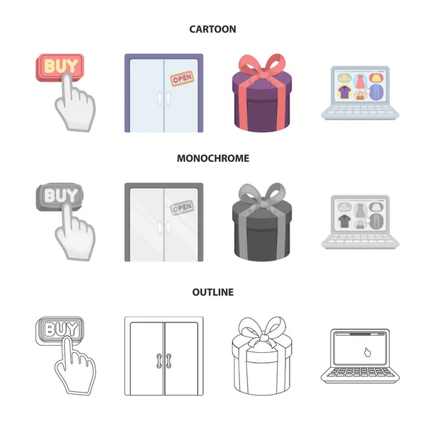 Mano, clic, ascensor, regalo, caja, puerta, tienda en línea y otros equipos. E comercio conjunto colección iconos en dibujos animados, contorno, estilo monocromo vector símbolo stock ilustración web . — Vector de stock