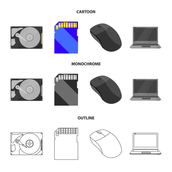 コンピューターのマウスやノート パソコンなどの機器。パソコンは漫画、アウトライン、モノクロ スタイル ベクトル シンボル ストック イラスト web コレクションのアイコンを設定. — ストックベクタ
