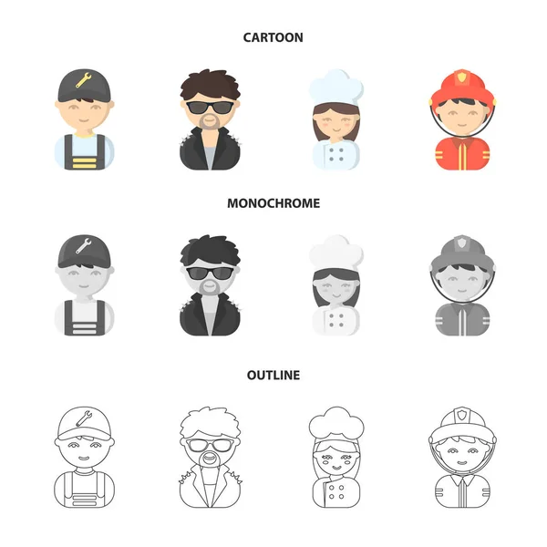 Mechanic, entertainer, cook, fireman.Profession set collection icons in cartoon,outline,monochrome style vector symbol stock illustration web. — Stock Vector