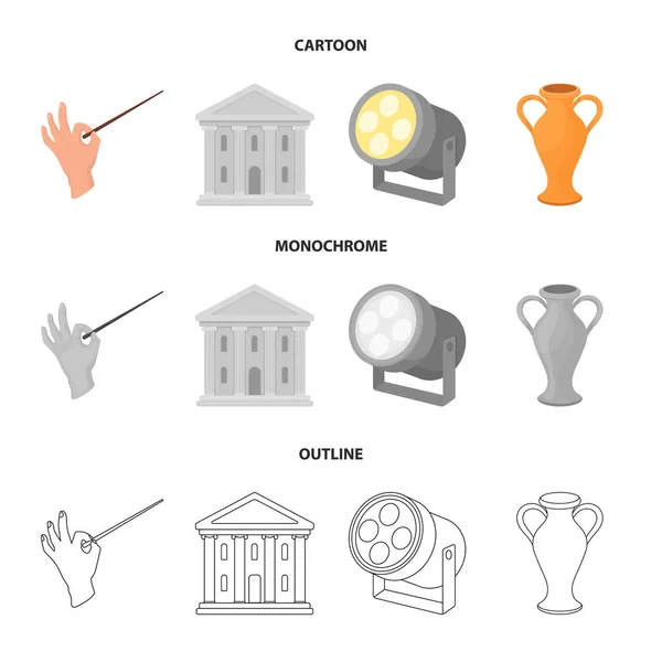 Conductor baton, theater building, searchlight, amphora.Theatre set collection icons in cartoon,outline,monochrome style vector symbol stock illustration web. — Stock Vector