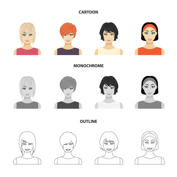 Types of female hairstyles cartoon, outline, monochrome icons in set collection for design. Внешний вид веб-иллюстрации женского векторного символа . — стоковый вектор