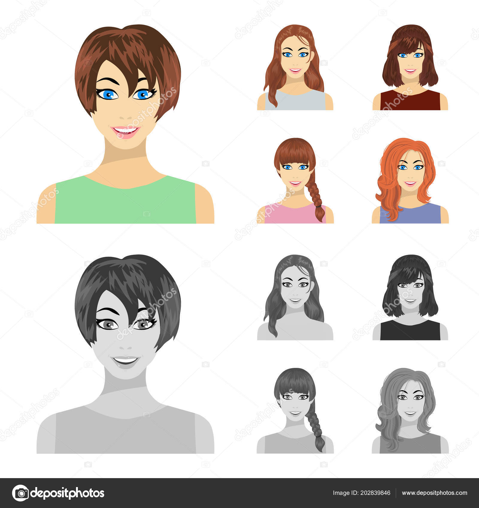 Types Of Female Hairstyles Cartoon Monochrome Icons In Set