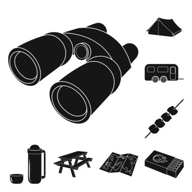 Siyah kamp Icons set koleksiyonu tasarım için bekletin. Kamp ve ekipman sembol stok web illüstrasyon vektör.