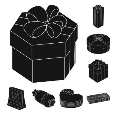 Hediye ve set koleksiyonu tasarım için siyah simgeler ambalaj. Renkli ambalaj sembol stok web illüstrasyon vektör.