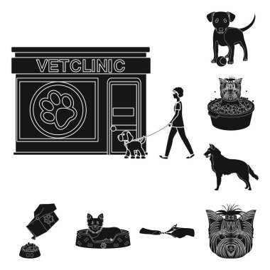 Set koleksiyonu tasarım için evde beslenen hayvan siyah simgeler. Bakım ve eğitim sembol stok web illüstrasyon vektör.