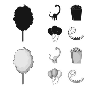 Tatlı Pamuk yün bir sopa, bir oyuncak ejderha, bir kutu patlamış mısır, bir ipte renkli balonlar. Eğlence Parkı toplama simgeler siyah, tek renkli stil vektör simge stok çizim web içinde ayarla..