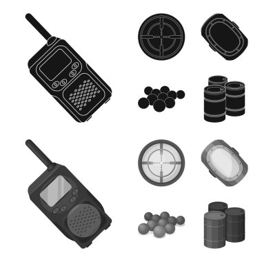 Top boya ve diğer ekipmanlar ile. Paintball tek simge siyah, tek renkli stil vektör simge stok çizim web içinde.