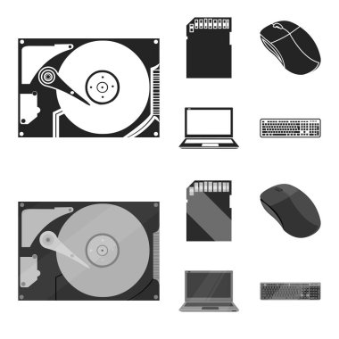Bilgisayar faresi, dizüstü bilgisayar ve diğer ekipmanlar. Kişisel bilgisayar toplama simgeler siyah, tek renkli stil vektör simge stok çizim web içinde ayarla..