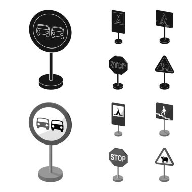 Yol farklı türde imzalar set koleksiyonu tasarım için siyah, tek renkli simgeler. Uyarı ve yasağı işaretler sembol stok web illüstrasyon vektör.