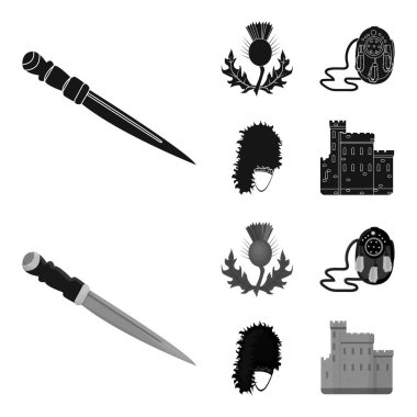Ulusal Dirk hançer, Thistle ulusal sembolü, Sporran, glengarry. İskoçya toplama simgeler siyah, tek renkli stil vektör simge stok çizim web içinde ayarla..