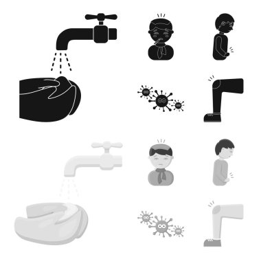 Suyla musluk altında ellerini sıcak su torbası kafasına eşarp buzlu hastayla yıkamak, karın ağrısı, virüs, mikrop vardır. Hasta küme toplama simgeler siyah, tek renkli