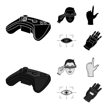 Sanal, gerçeklik, kask, bilgisayar, teknoloji. Sanal gerçeklik toplama simgeler siyah, tek renkli stil vektör simge stok çizim web içinde ayarla..