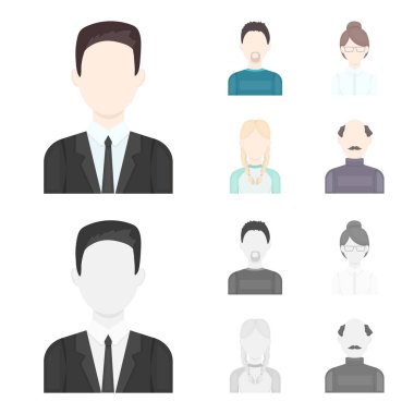 Bir sakal, bir iş kadını, helezon kız, bıyıklı kel bir adam olan bir adam. Avatar çizgi film, tek renkli stil vektör simge stok çizim web simgeler ayarla.