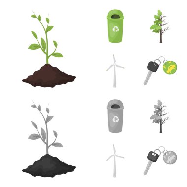 Çöp kutusu, hastalıklı bir ağaç, bir rüzgar türbini, biyo araba anahtarı. Biyoloji ve ekoloji çizgi film, tek renkli stil vektör simge stok çizim web simgeler ayarla.