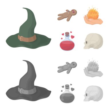 Bir Vudu bebeği, büyülü bir yangın, aşk iksiri, bir kafatası. Siyah ve beyaz büyü toplama simgeler çizgi film, tek renkli stil vektör simge stok çizim web ayarla..