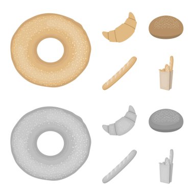 Çavdar yuvarlak ekmek, çörek, Fransız bir somun ekmek bir torba. Ekmek toplama simgeler çizgi film, tek renkli stil vektör simge stok çizim web ayarla..