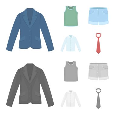 Uzun kollu, şort, tişört, gömlek kravat. Çizgi film, tek renkli stil vektör simge stok çizim web giyim koleksiyonu Icons set.