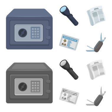 El feneri, gazete haberleri, sertifika, katlama bıçak ile. Dedektif toplama simgeler çizgi film, tek renkli stil vektör simge stok çizim web ayarla..