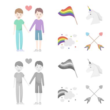 Bayrak, tek boynuzlu at sembolü, kalp oklarla. Eşcinsel toplama simgeler çizgi film, tek renkli stil vektör simge stok çizim web ayarla..