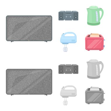 Elektrikli su ısıtıcısı, Müzik Merkezi, Mikser, ekmek kızartma makinesi. Ev toplama simgeler çizgi film, tek renkli stil vektör simge stok çizim web ayarla..