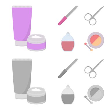 Tırnak törpüsü, makaslar, çivi, parfüm, pudra fırçası ile için. Makyaj çizgi film, tek renkli stil vektör simge stok çizim web simgeler ayarla.