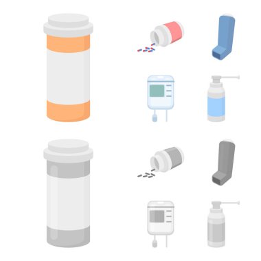 Tablet, ilaç, kan, sprey ile konteyner. İlaç toplama simgeler çizgi film, tek renkli stil vektör simge stok çizim web ayarla..