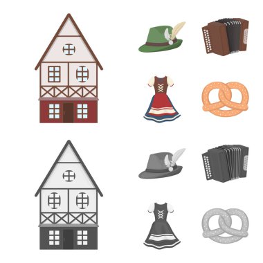 Tirol şapka, akordeon, elbise, tuzlu kraker. Oktoberfest toplama simgeler çizgi film, tek renkli stil vektör simge stok çizim web ayarla..