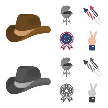Barbekü, Selam, ebblema, zafer oylama. Vatansever gün çizgi film, tek renkli stil vektör simge stok çizim web simgeler ayarla.