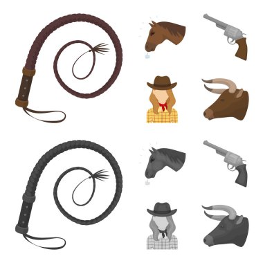 Bir at, bir boğa kafası, bir tabanca, bir kovboy kız başkanı. Rodeo toplama simgeler çizgi film, tek renkli stil vektör simge stok çizim web ayarla..