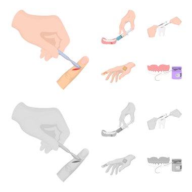 Anestezik enjeksiyon, diş enstrüman, el manipülasyon, Diş Temizleme ve çizgi film, tek renkli style.bactericidal sıva, tıp simgeler kümesi koleksiyonundaki diğer web simgesi.