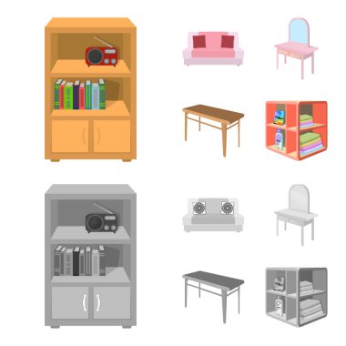 Yumuşak kanepe, tuvalet makyaj tablo, yemek masası, Çamaşırhane ve deterjan için raf. Mobilya ve enteriyör toplama simgeler çizgi film, tek renkli stil izometrik vektör simge stok illüstrasyon ayarla